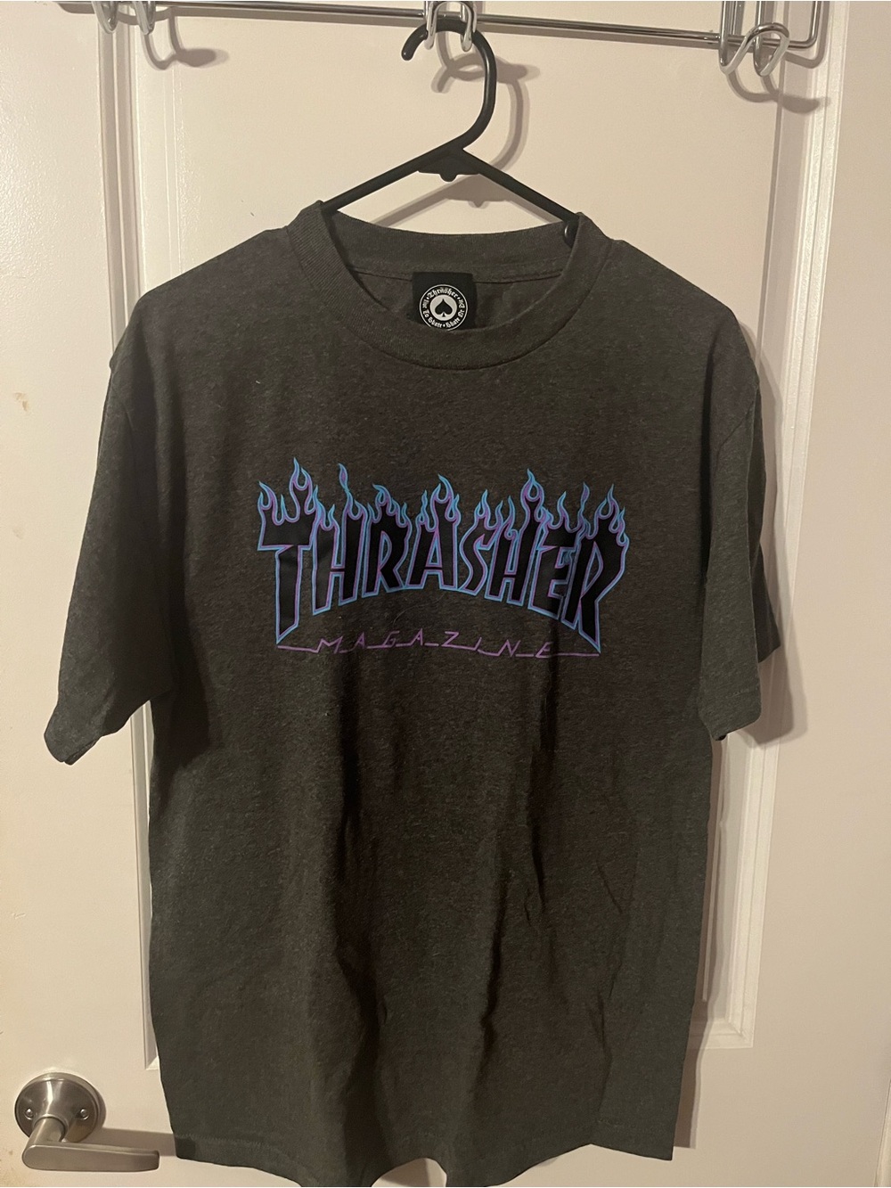 Thrasher Short Sleeve Tee in Charcoal with Blue & Purple Flame Logo